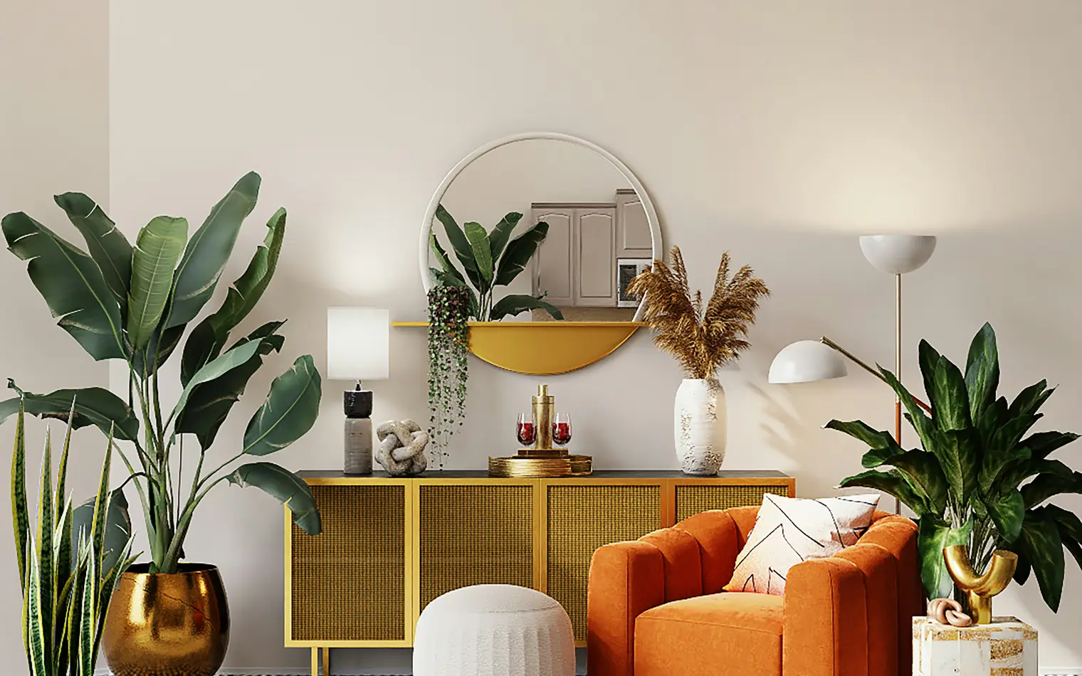 Living decorado de un departamento con sillón naranja